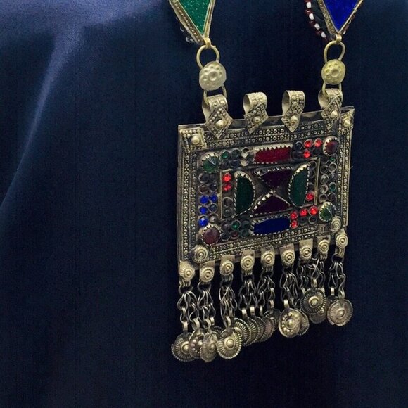 Blue and Green Long Chain Pendant Necklace, Kuchi Big Antique Pendant - Picture 4 of 9